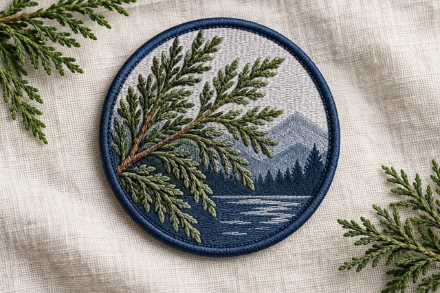 Embroidered patch featuring a cedar branch design