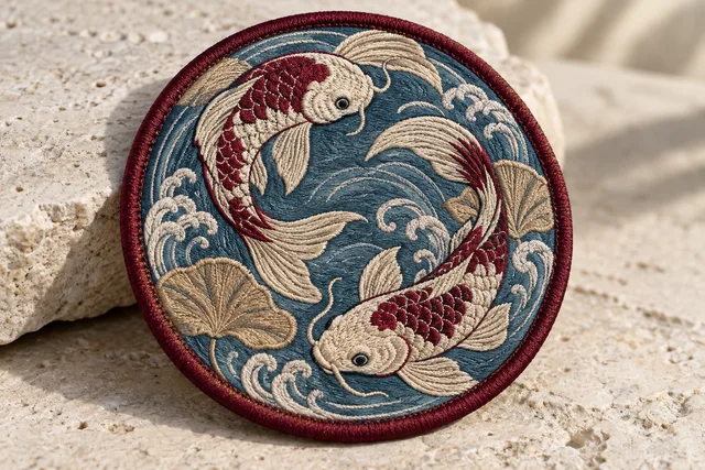 Embroidered patch featuring a koi fish design