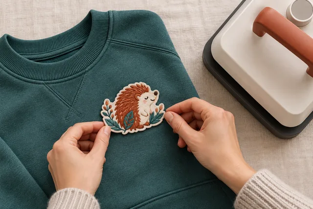 A finished original patch being carefully placed on a garment beside a compact heat press