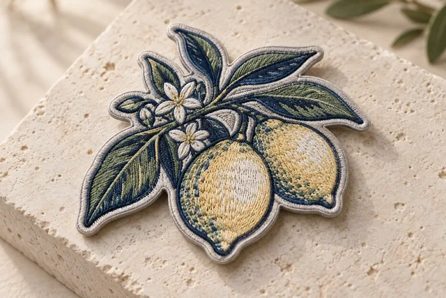 Embroidered patch featuring a lemon branch design