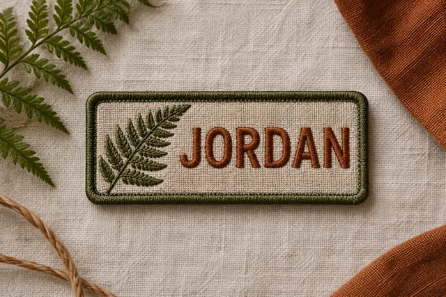 Un écusson nominatif brodé rectangulaire physique portant le nom JORDAN avec une bordure brodée, posé sur un plan de travail