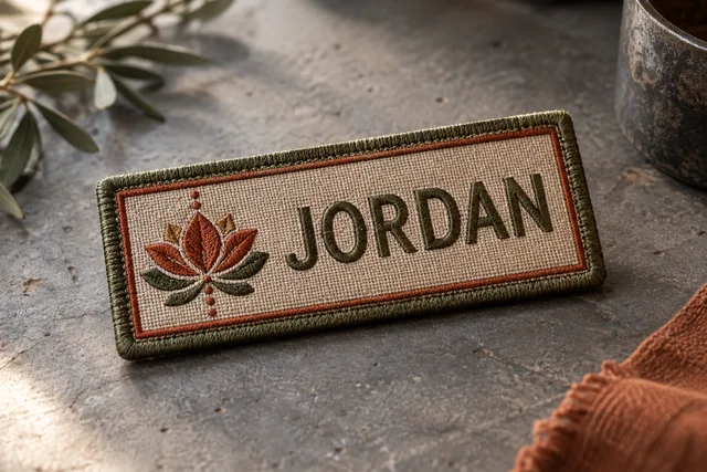 رقعة اسم مطرزة مستطيلة مادية تحمل اسم JORDAN بحافة مطرزة، معروضة منفردة على طاولة عمل