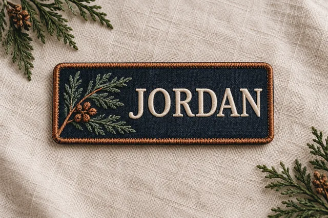 رقعة اسم مطرزة مستطيلة مادية تحمل اسم JORDAN بحافة مطرزة، معروضة منفردة على طاولة عمل