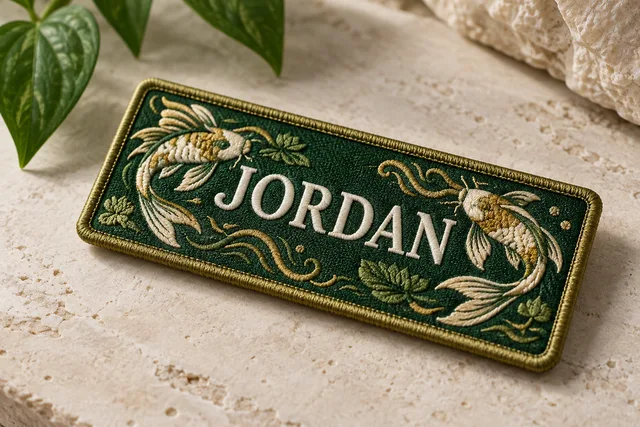 رقعة اسم مطرزة مستطيلة مادية تحمل اسم JORDAN بحافة مطرزة، معروضة منفردة على طاولة عمل