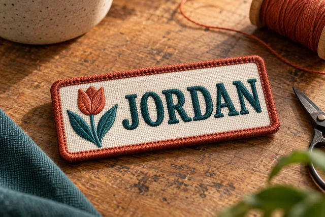 رقعة اسم مطرزة مستطيلة مادية تحمل اسم JORDAN بحافة مطرزة، معروضة منفردة على طاولة عمل