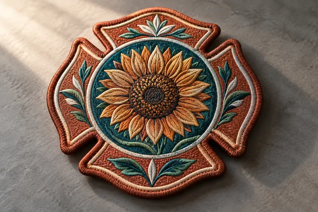 Embroidered patch featuring a sunflower design
