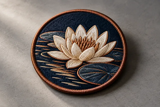 Embroidered patch featuring a water lily design