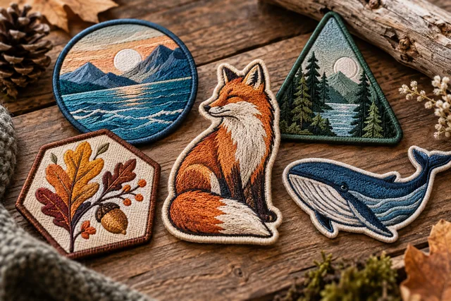 Original illustrative example: a premium original embroidered patch collection with different shapes, clean borders and actual textile texture