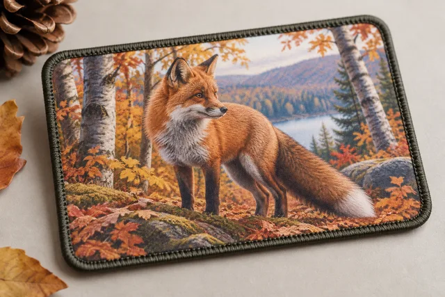 Parche de tela impreso liso que muestra un zorro en un bosque otoñal