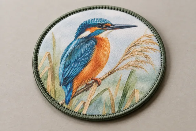 Parche de tela impreso con arte de un martín pescador en acuarela