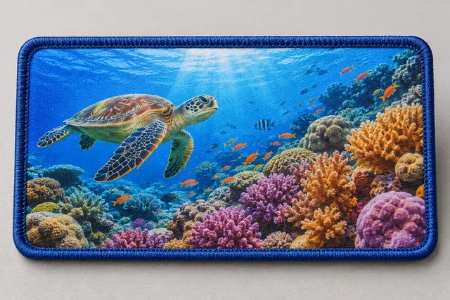 Parche de tela impreso con una colorida escena submarina de arrecife de coral