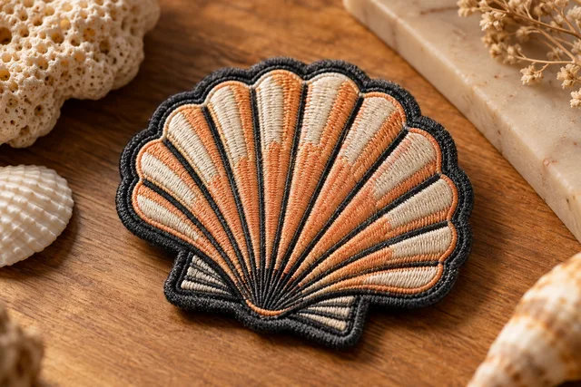 Embroidered patch featuring a seashell design