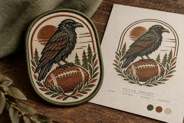 Embroidered patch featuring a raven design