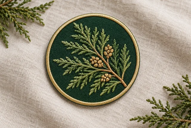 Embroidered patch featuring a cedar branch design