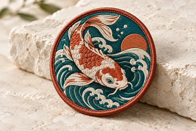 Embroidered patch featuring a koi fish design