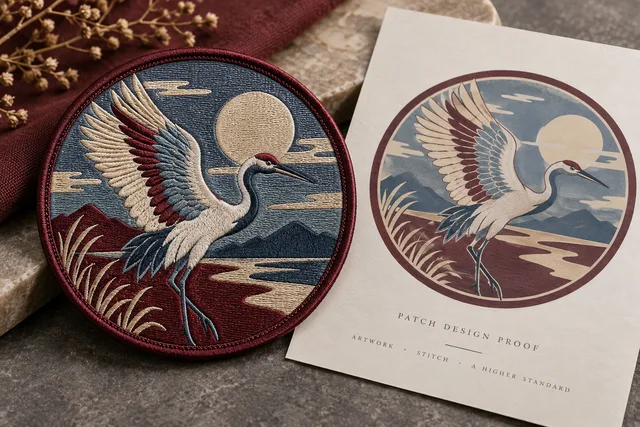 Embroidered patch featuring a crane design