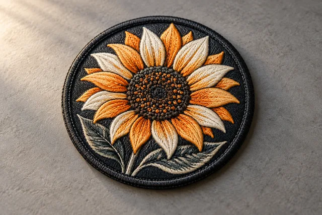 Embroidered patch featuring a sunflower design