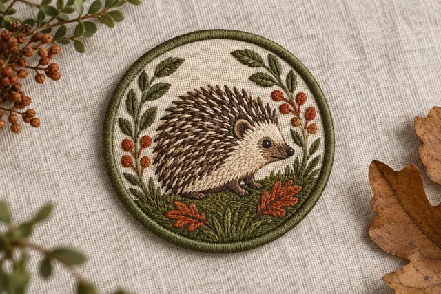 Embroidered patch featuring a hedgehog design