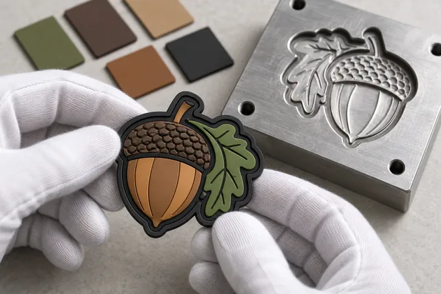 Quality inspection of a molded PVC acorn patch beside its mold and color chips