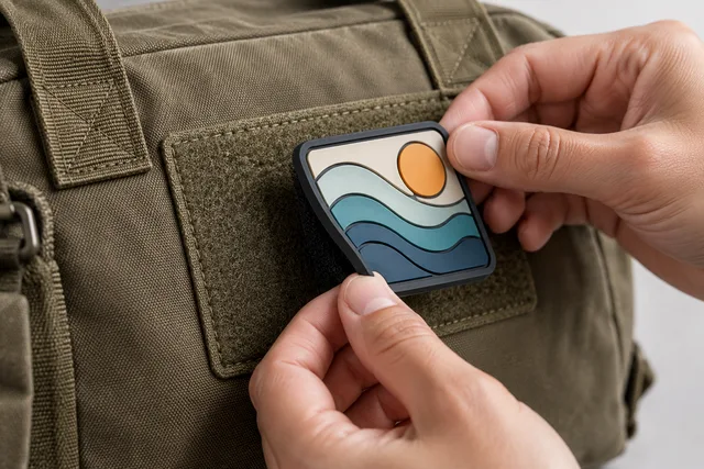 Molded PVC wave patch attaching to a canvas bag with hook-and-loop backing