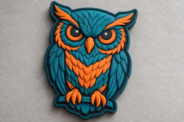 Owl-shaped PVC patch with raised teal and orange rubber details