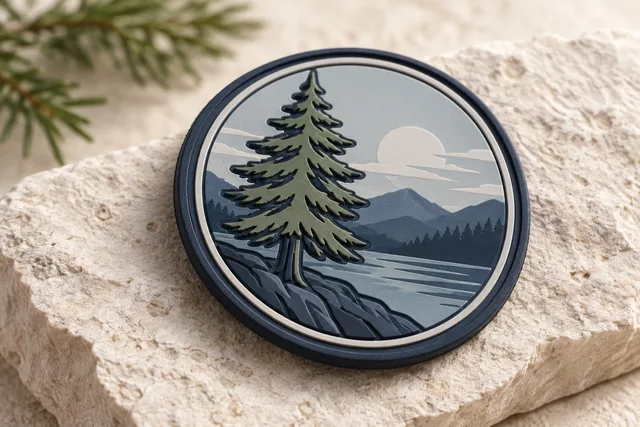 Molded PVC patch featuring a pine tree design