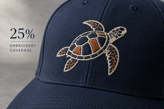 An illustrative embroidery coverage sample for 25% Embroidery Coverage, showing a simple thread-filled motif and exposed twill around it