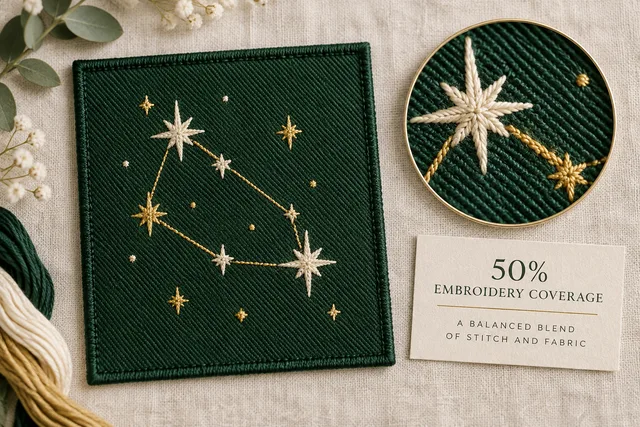 An illustrative embroidery coverage sample for 50% Embroidery Coverage, showing a simple thread-filled motif and exposed twill around it