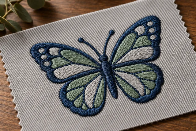 An illustrative embroidery coverage sample for 100% Embroidery Coverage, showing a simple thread-filled motif and exposed twill around it