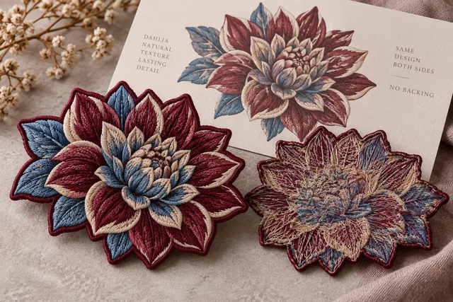A textile patch photographed front and back to demonstrate No Backing, attachment structure clearly visible
