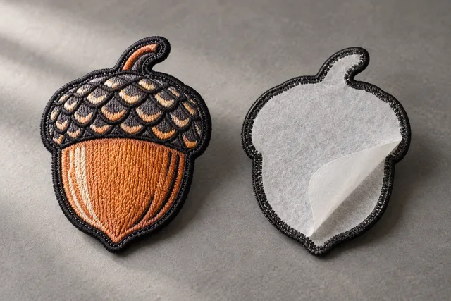 A textile patch photographed front and back to demonstrate Iron On Backing, attachment structure clearly visible