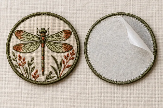 A textile patch photographed front and back to demonstrate HeatSeal Backing, attachment structure clearly visible