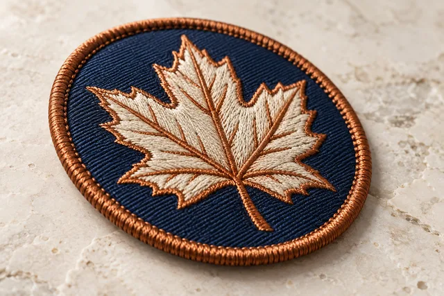 A detailed macro product photograph demonstrating Merrow Border on a finished textile patch