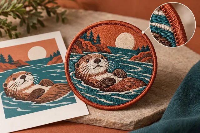 A detailed macro product photograph demonstrating Heat Cut Border on a finished textile patch