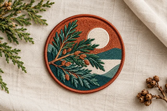 Embroidered patch featuring a cedar branch design