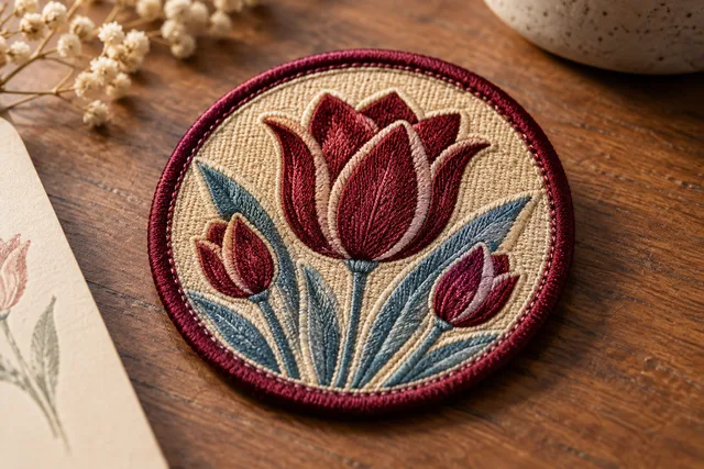 Embroidered patch featuring a tulip design