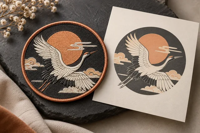 Embroidered patch featuring a crane design