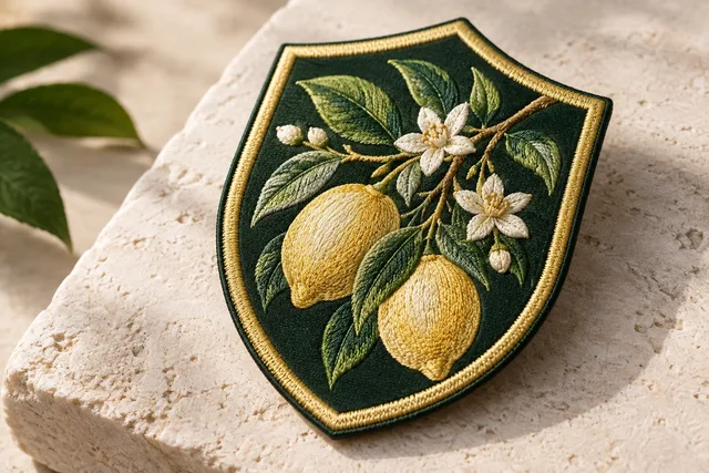 Embroidered patch featuring a lemon branch design