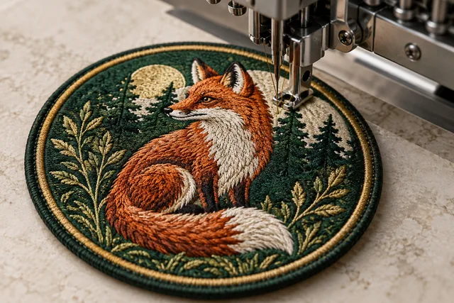 A close-up inspection of a freshly stitched original patch at an embroidery machine