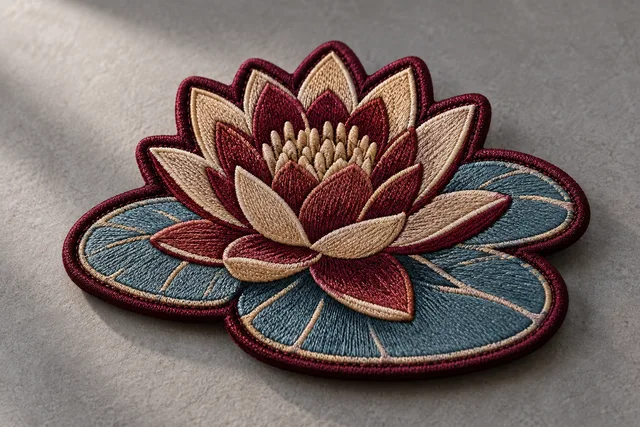 Embroidered patch featuring a water lily design