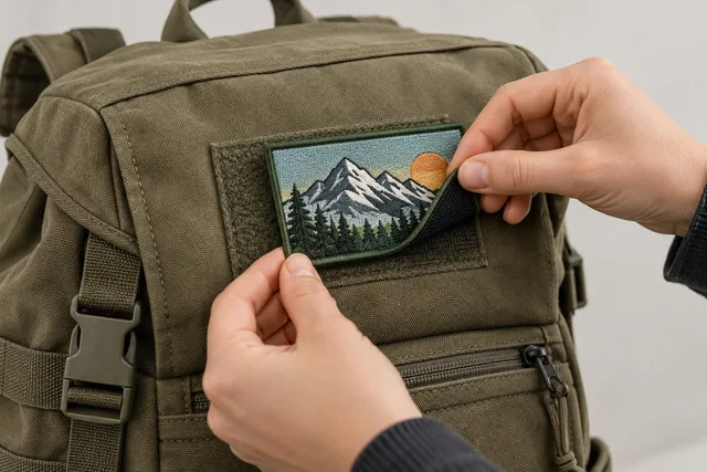 Mountain patch attaching to a backpack with visible hook-and-loop backing
