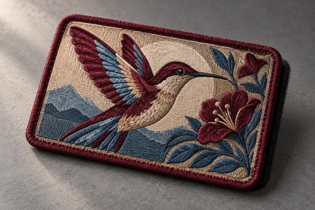 Embroidered patch featuring a hummingbird design