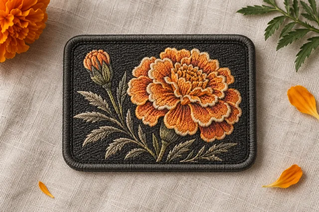 Embroidered patch featuring a marigold design