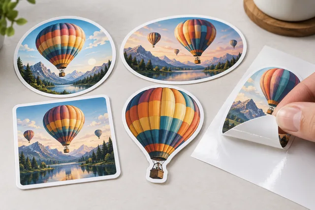 Stickers de vinilo impresos en distintas formas de corte con arte de globos aerostáticos