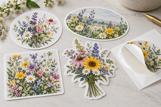 Stickers de vinilo impresos en distintas formas de corte con arte de un ramo de flores silvestres
