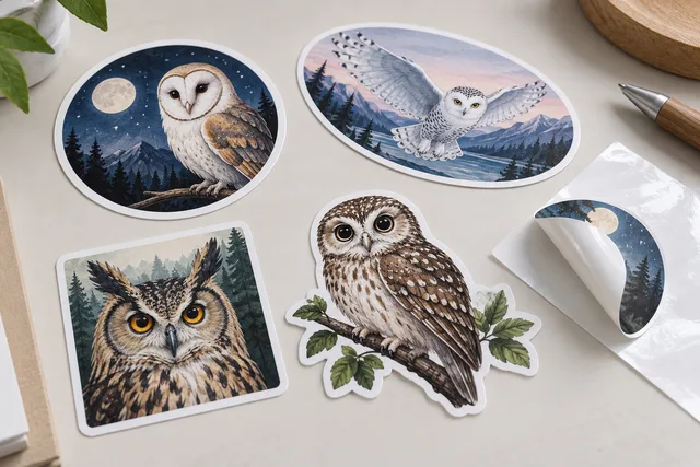 Stickers de vinilo impresos en distintas formas de corte con arte de un búho