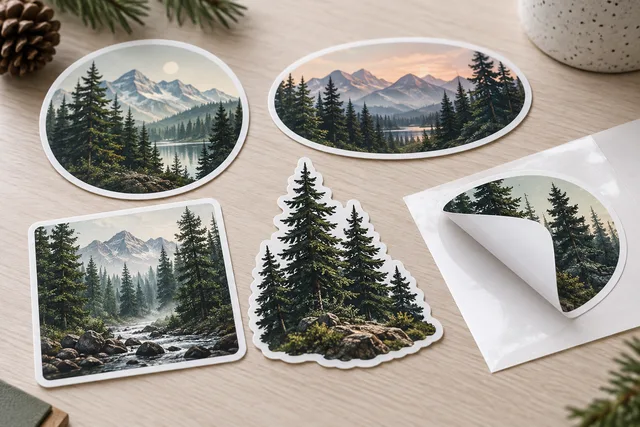 Stickers de vinilo impresos en distintas formas de corte con arte de un bosque de pinos