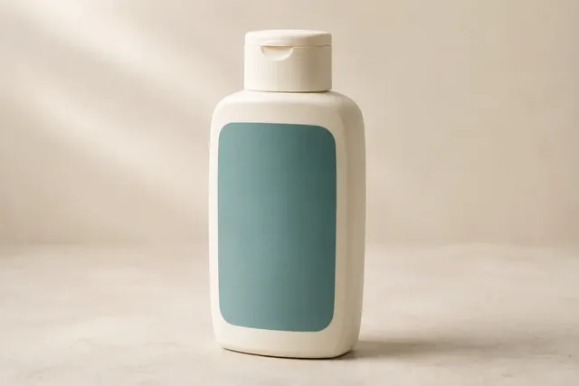 Étiquette arrondie bleu sarcelle appliquée sur un flacon de cosmétique clair