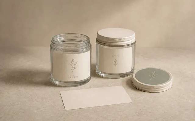 Étiquettes de produit en papier minimalistes sur deux pots de bougie en verre