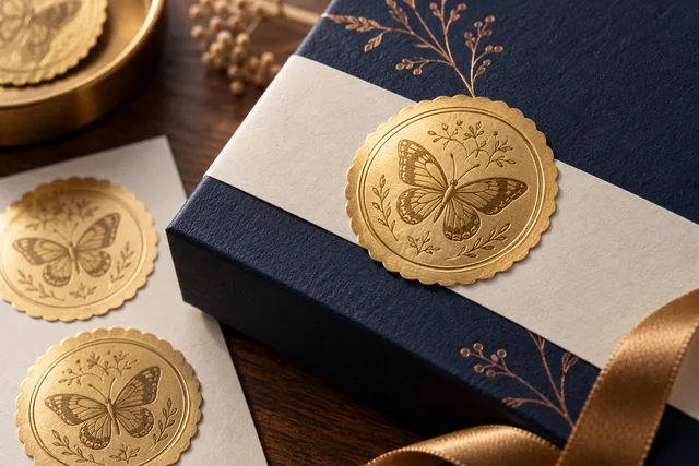 Selos de etiqueta premium em metalizado dourado sobre uma embalagem elegante, com o metalizado refletindo uma luz direcional suave